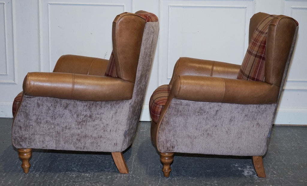 STUNNING PAIR OF  ALEXANDER & JAMES LAWRENCE LEATHER & FABRIC WINGBACK ARMCHAIRS