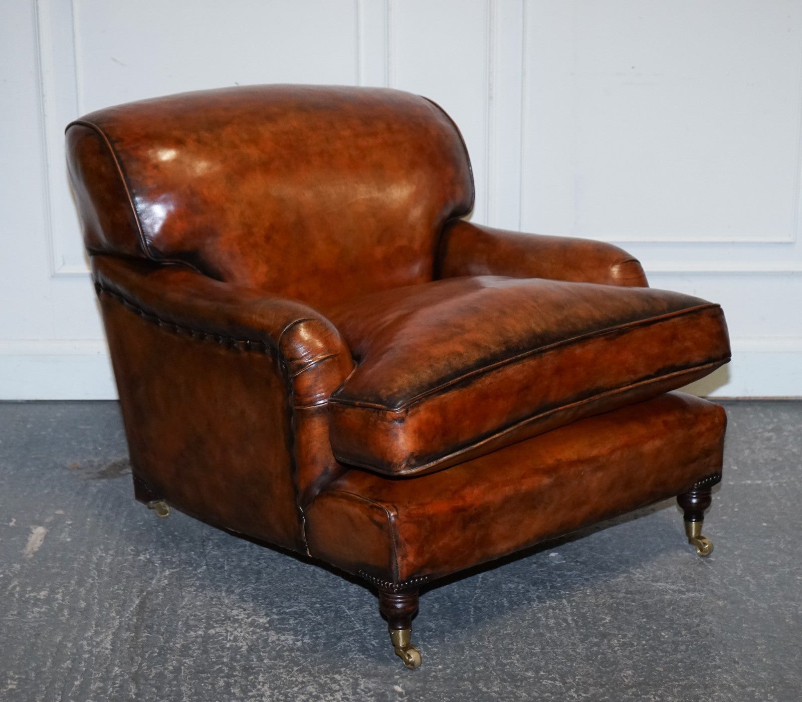 LARGE PAIR OF HOWARD STYLE HAND DYED LEATHER ARMCHAIRS FEATHER FILLED CUSHIONS