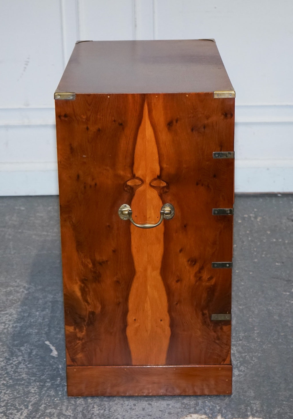 VINTAGE MILITARY CAMPAIGN YEW WOOD SECRETARY CHEST OF DRAWERS WiTH BRASS HANDLES