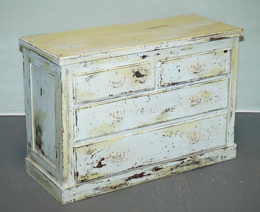 ANTIQUE HAND PAINTED PALE PINE GREEN THREE DRAWER CHEST OF DRAWERS