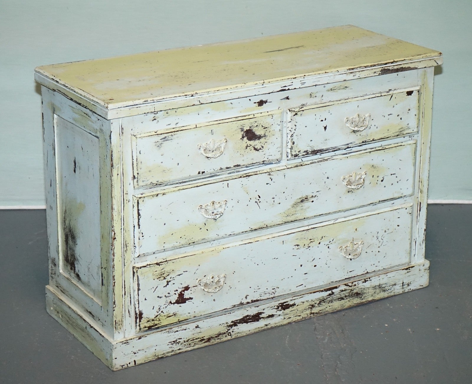 ANTIQUE HAND PAINTED PALE PINE GREEN THREE DRAWER CHEST OF DRAWERS