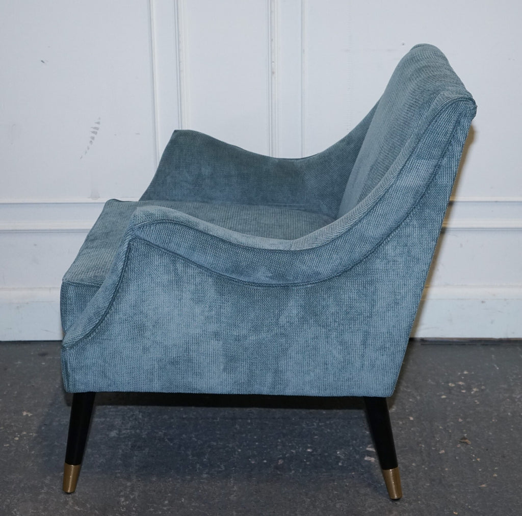ELEGANT PALE BLUE VELVER SIDE CHAIR ARMCHAIR WITH BLACK AND GOLD LEGS