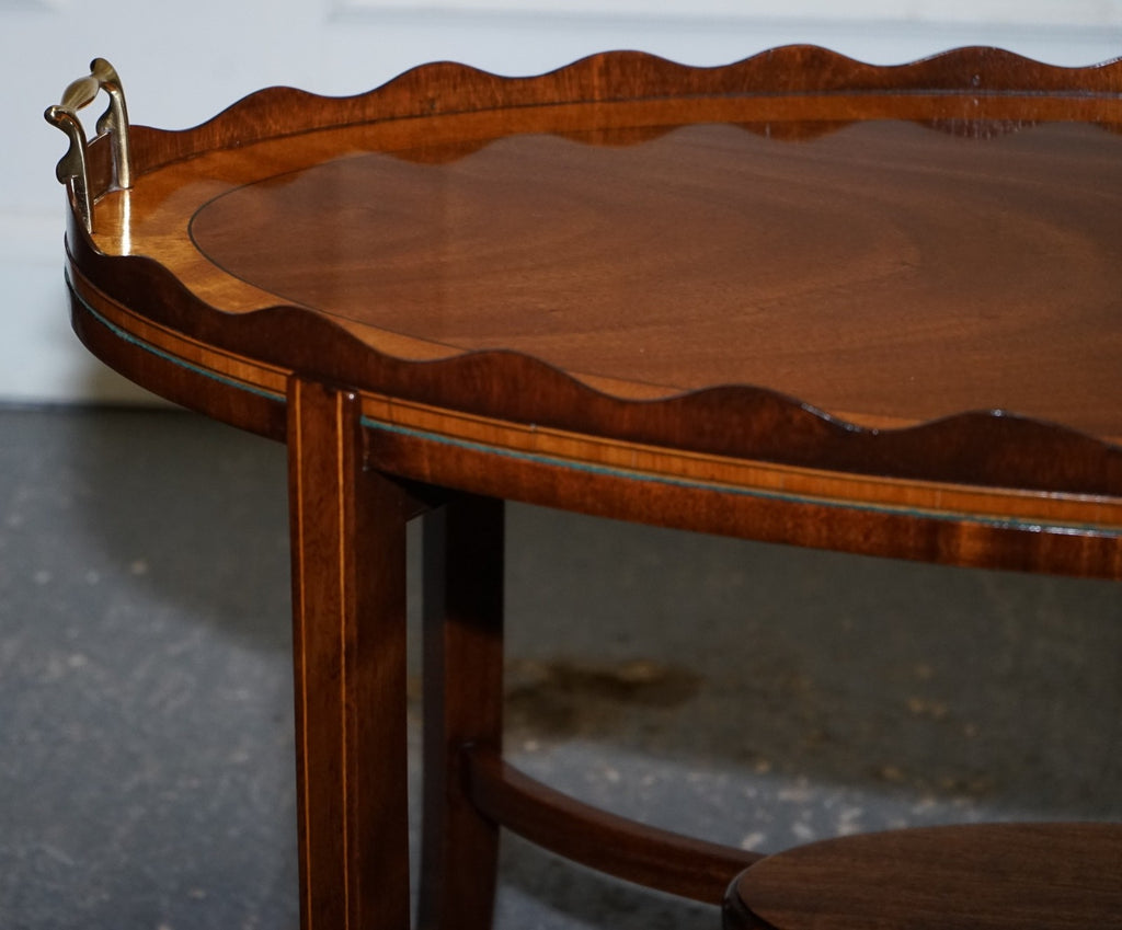 ANTIQUE RESTORED GEORGE III OVL SERVING TRAY AND TABLE WITH  SCALLOPED GALLERY