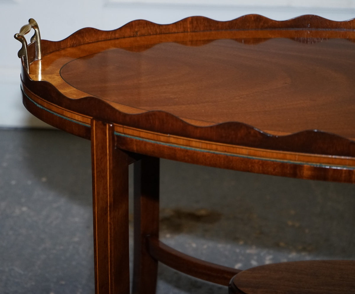 ANTIQUE RESTORED GEORGE III OVL SERVING TRAY AND TABLE WITH  SCALLOPED GALLERY