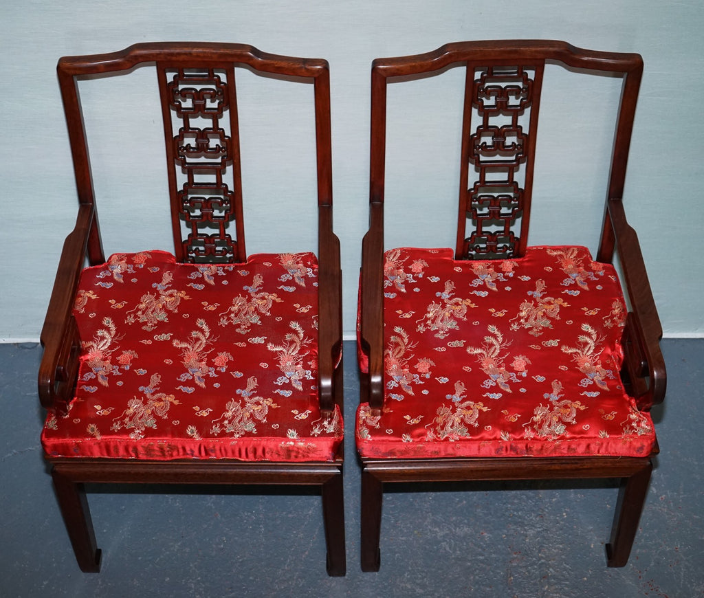 PAIR VINTAGE ORIENTAL CHINESE HARD WOOD CARVER ARMCHAIRS WITH CUSHIONS