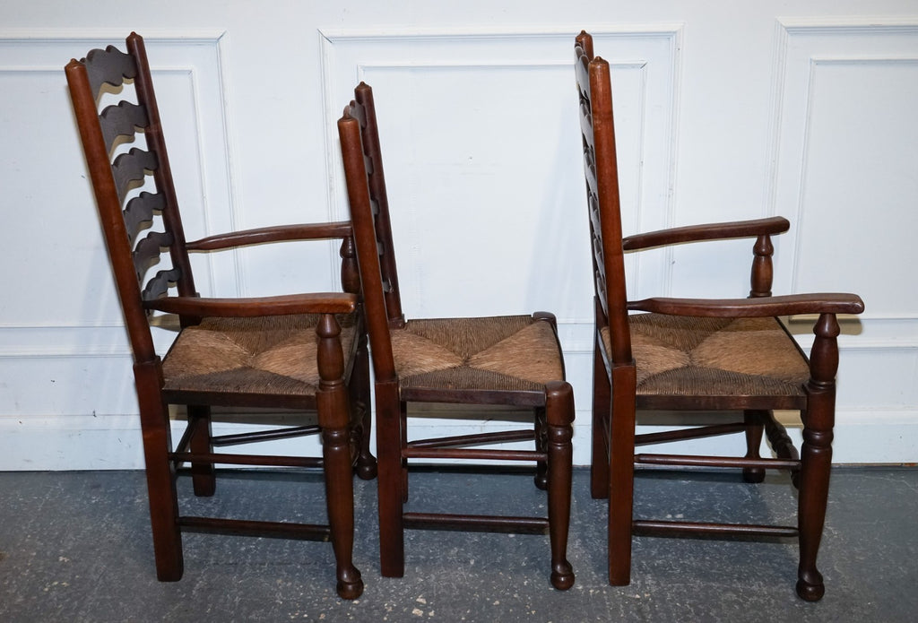 SET OF SIX ENGLISH ANTIQUE CIRCA 1910 LADDERBACK RUSH SEAT DINING CHAIRS