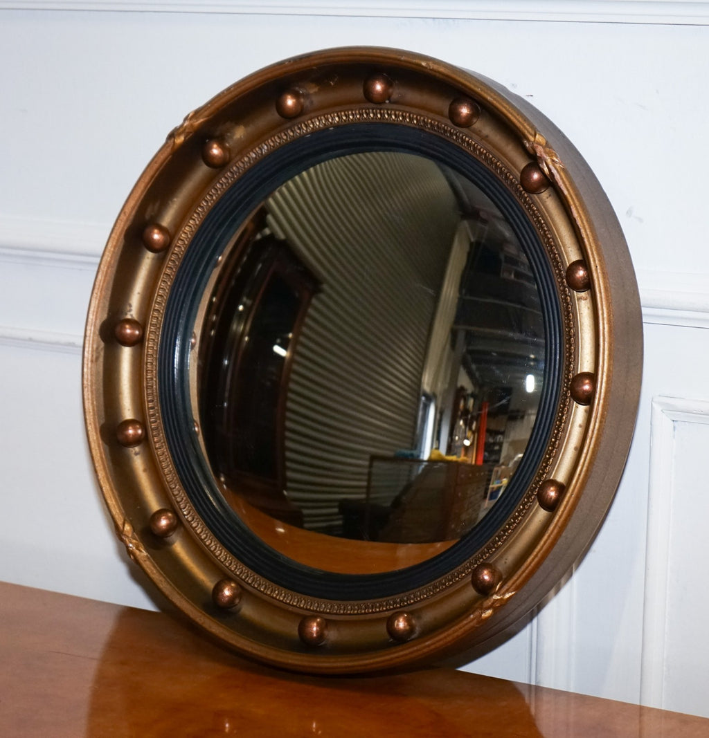 ANTIQUE 1920'S BUTLERS CONVEX GOLD GILT WOOD WALL MIRROR 42 CM DIAMETER