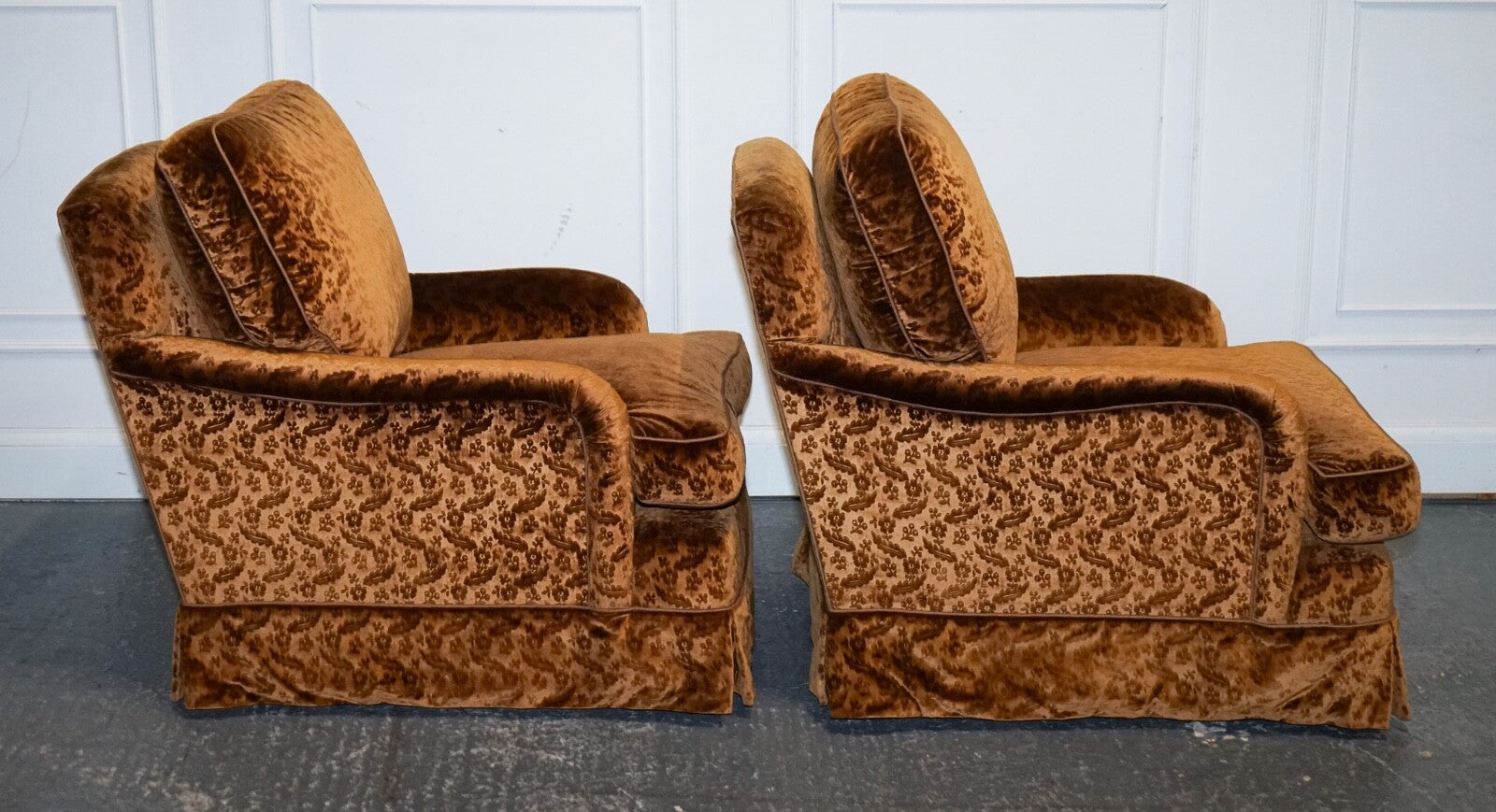 VINTAGE PAIR CUSTOM MADE BROWN GOLD VELVET CONNAUGHT ARMCHAIRS BY DUDGEON LONDON