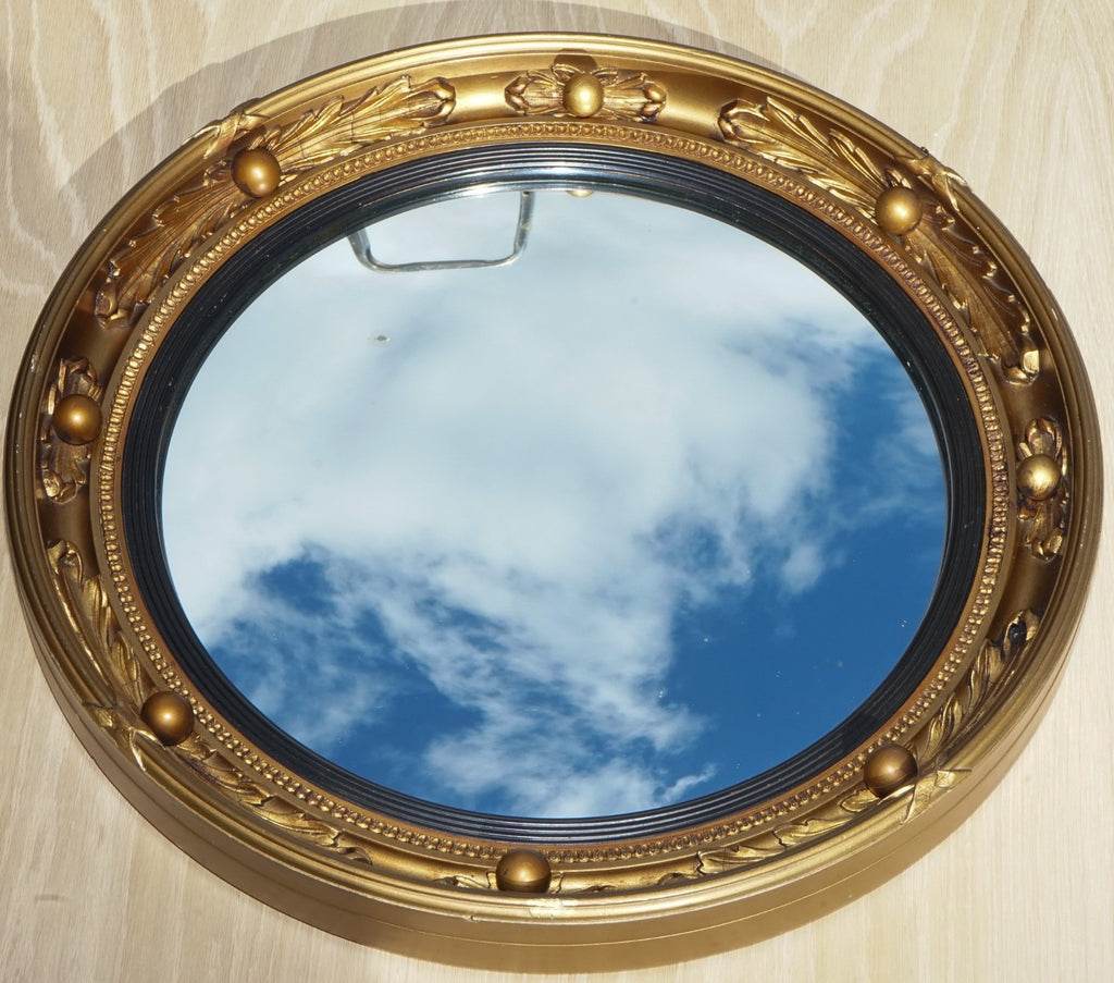 ANTIQUE PAIR OF 1930'S ATSONEA  BUTLERS CONVEX GOLD GILT WOOD WALL MIRROR