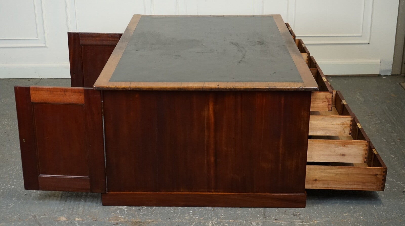 ANTIQUE HUGE DISTRESSED PARTNERS DESK WITH NAVY BLUE LEATHER TOP J1