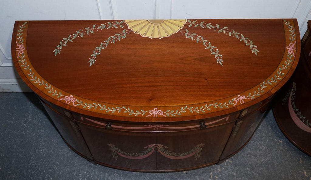 FINE SUBSTANTIAL PAIR OF HAND PAINTED DEMI LUNE SHERATON STYLE CONSOLE CABINETS