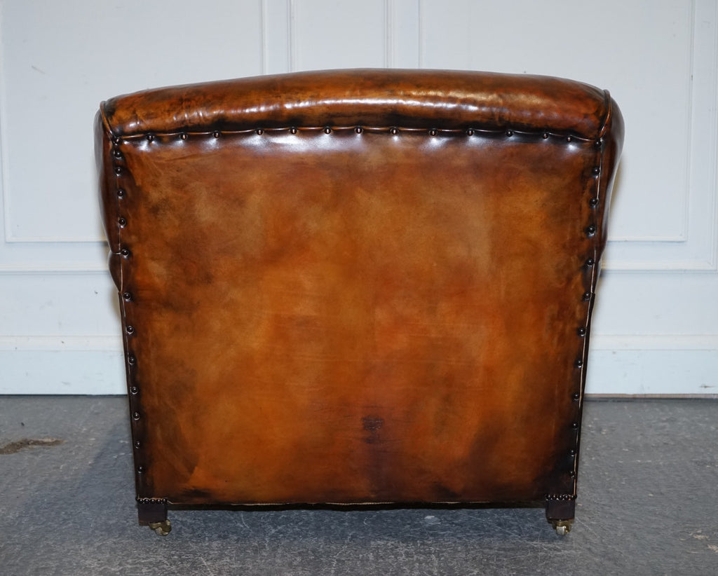 LARGE PAIR OF HOWARD STYLE HAND DYED LEATHER ARMCHAIRS FEATHER FILLED CUSHIONS