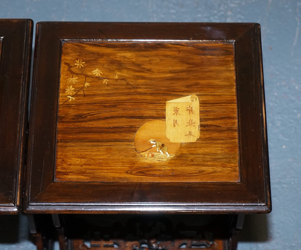 ART NOUVEAU CHINESE EXPORT NESTING TABLES PIERCED FRETWORK BONE & ABALONE C 1900