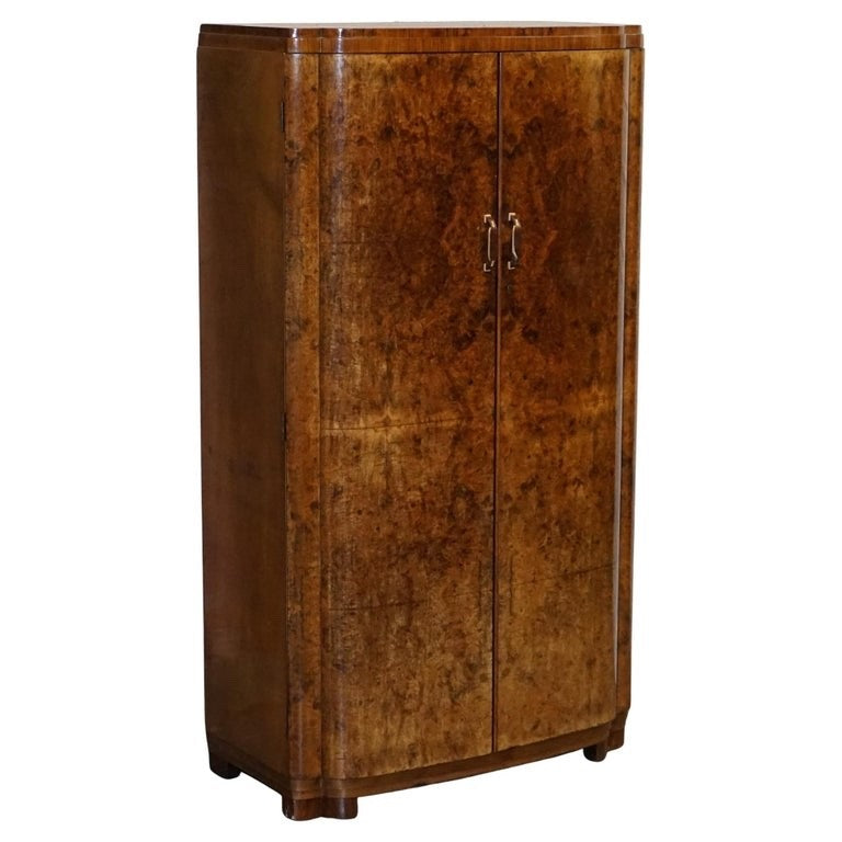 ANTIQUE CIRCA 1930'S ENGLISH BURR WALNUT ART DECO TWO DOOR WARDROBE WITH SHELVES