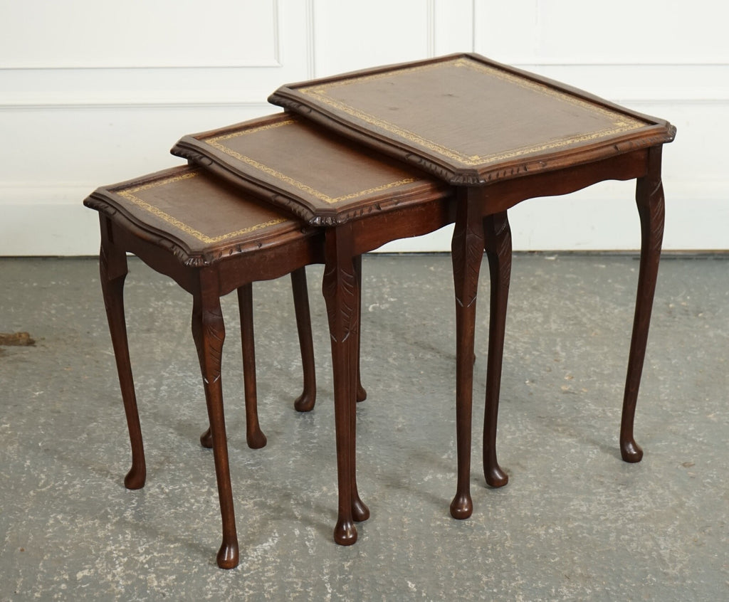 VINTAGE NEST OF TABLES QUEEN ANNE STYLE LEGS WITH BROWN EMBOSSED LEATHER TOP