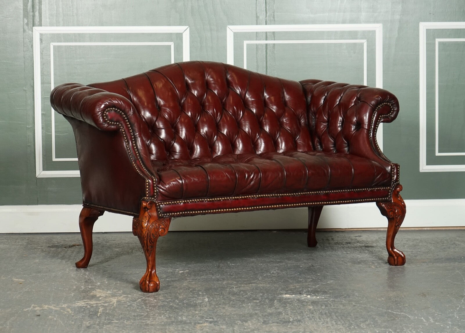RESTORED HAND DYED BURGUNDY HUMP CAMEL BACK REGENCY CHESTERFIELD BUTTONED SOFA