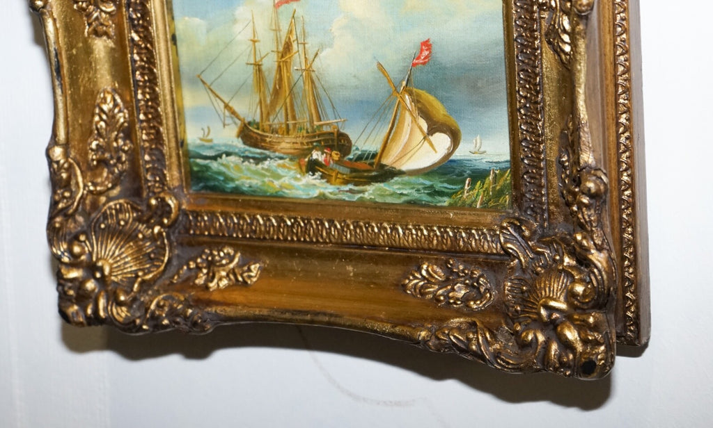 FINE ANTIQUE EARLY 20TH CENTURY OIL PAINTING OF FRENCH SHIP GILTWOOD FRAME
