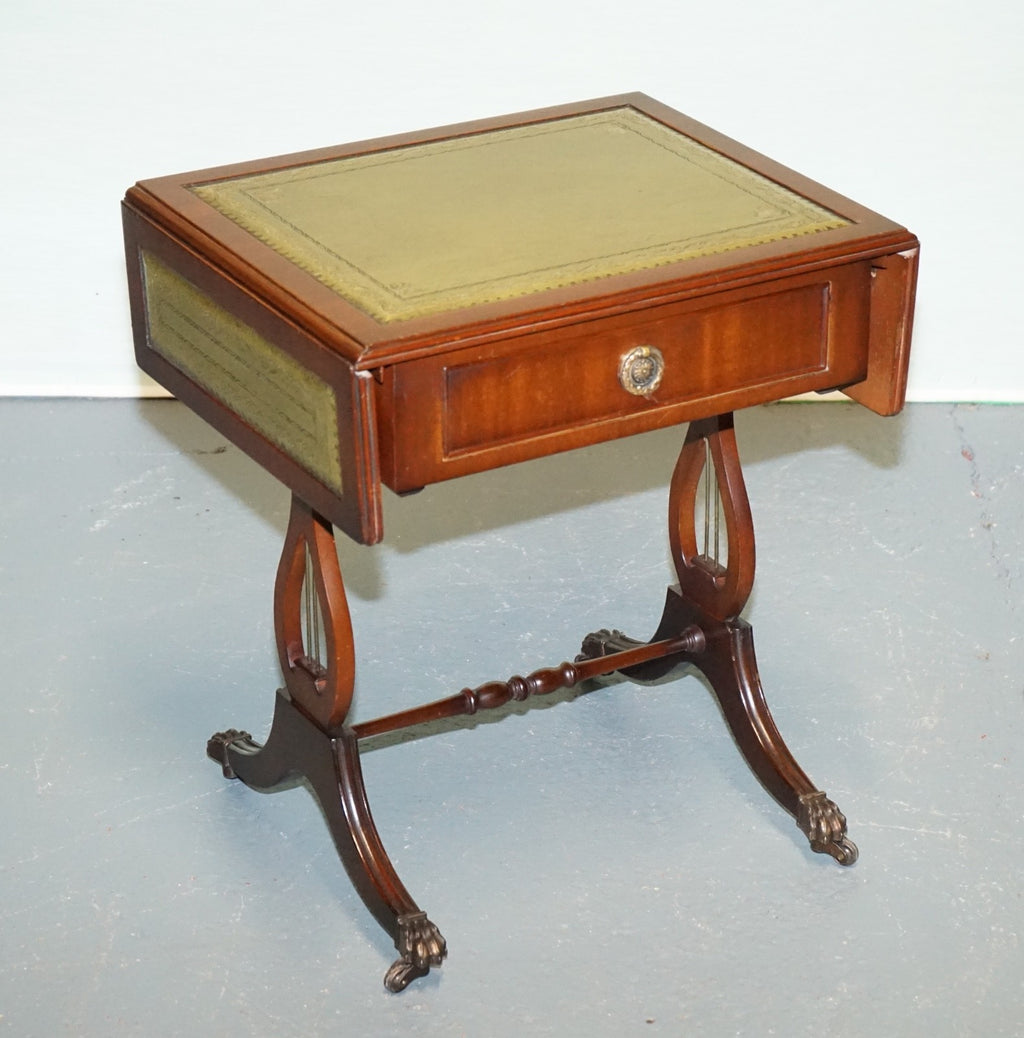REGENCY STYLE HARDWOOD SIDE TABLE WITH GREEN LEATHER iNSET TOP & DROP LEAVES