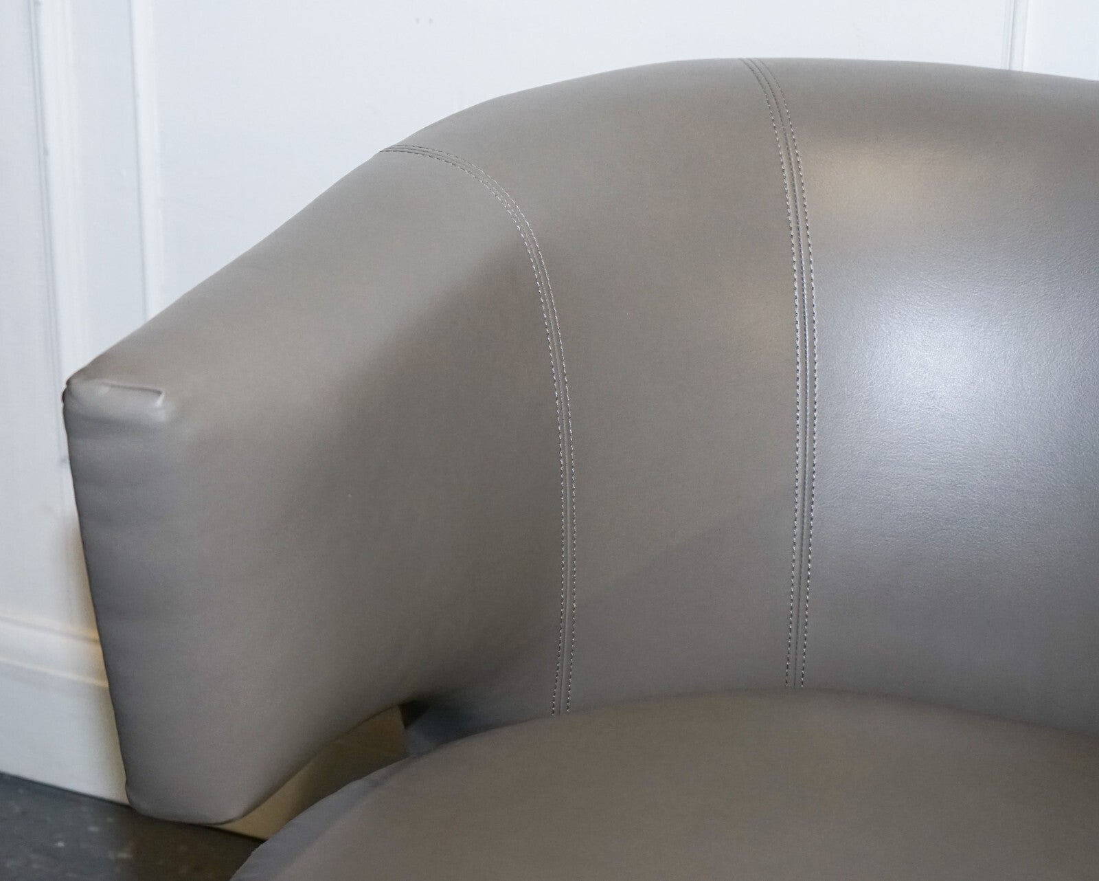 CONTEMPORARY COACH HOUSE GREY LEATHER ROUND BACK ARMCHAIRS WiTH STUDS