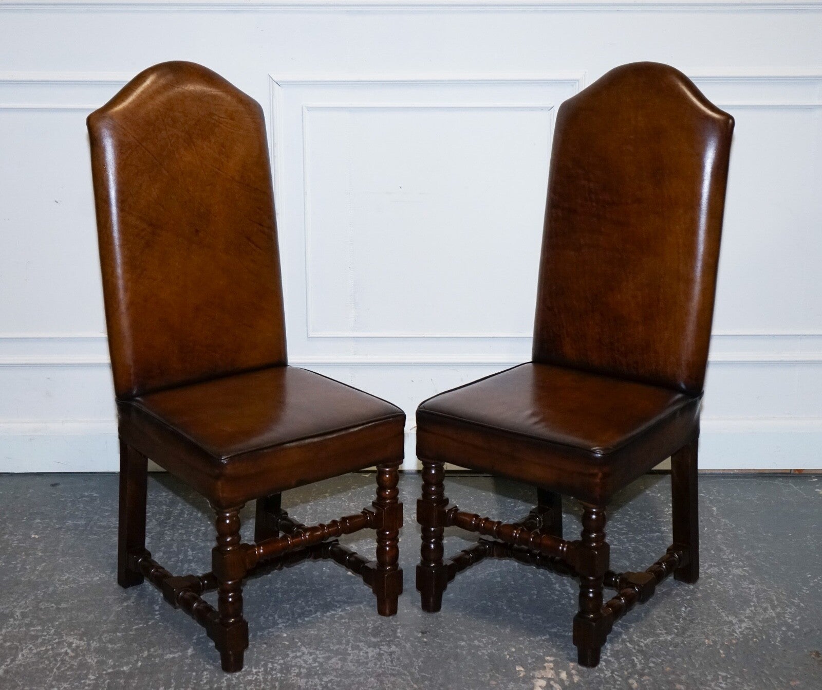 8 RESTORED CROMWELLIAN HAND DYED WHISKEY BROWN LEATHER DINING CHAIRS