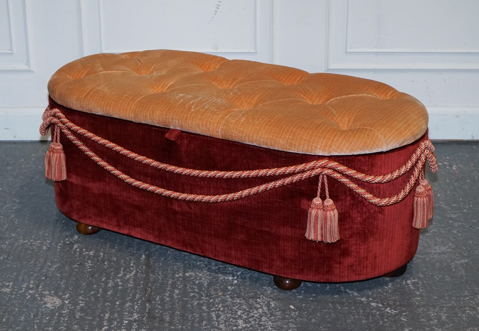 ANTIQUE VICTORIAN FABRIC OTTOMAN BLANKET BED END STORAGE BOX WITH TASSEL ACCENTS