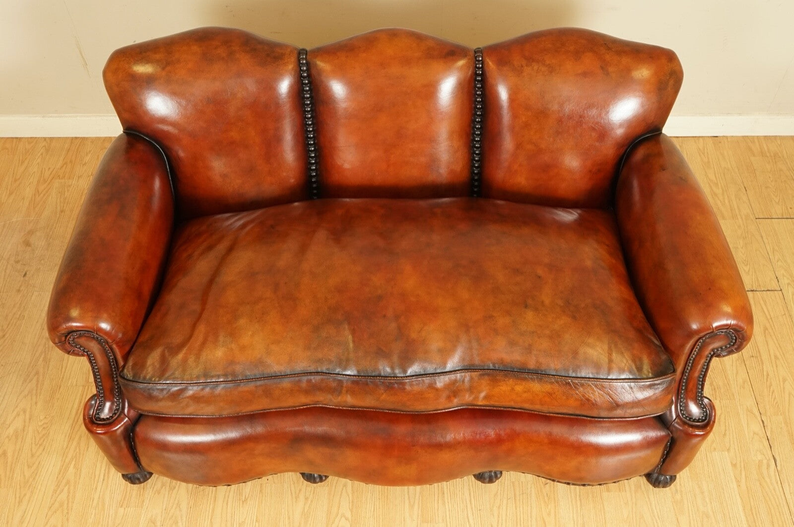 FULLY RESTORED HAND DYED WHISKY BROWN EDWARDIAN SOFA WITH FEATHER FILLED CUSHION