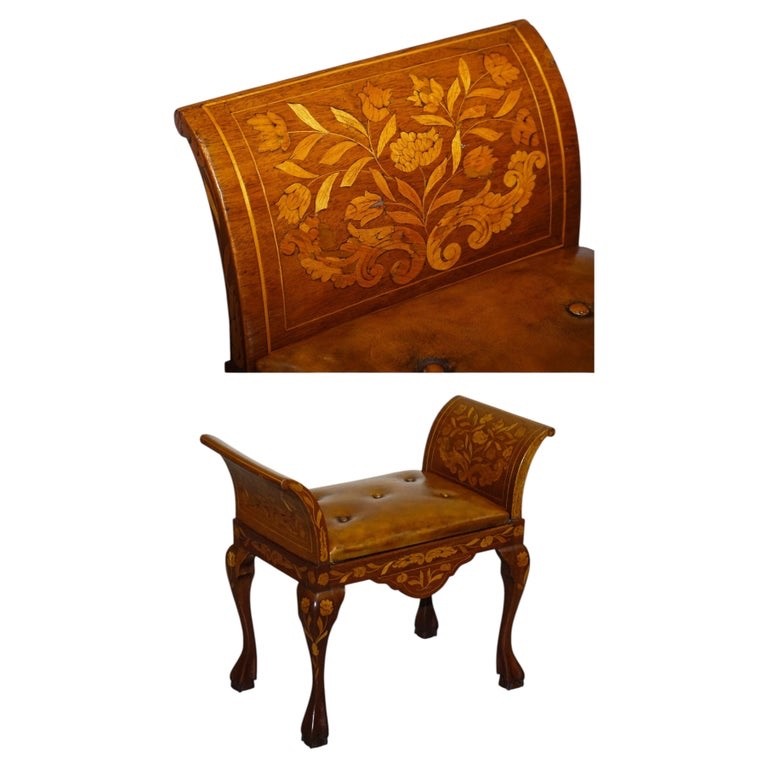 ANTIQUE 1860 DUTCH MARQUETRY WINDOW PIANO STOOL WITH HAND DYED CHESTERFIELD SEAT