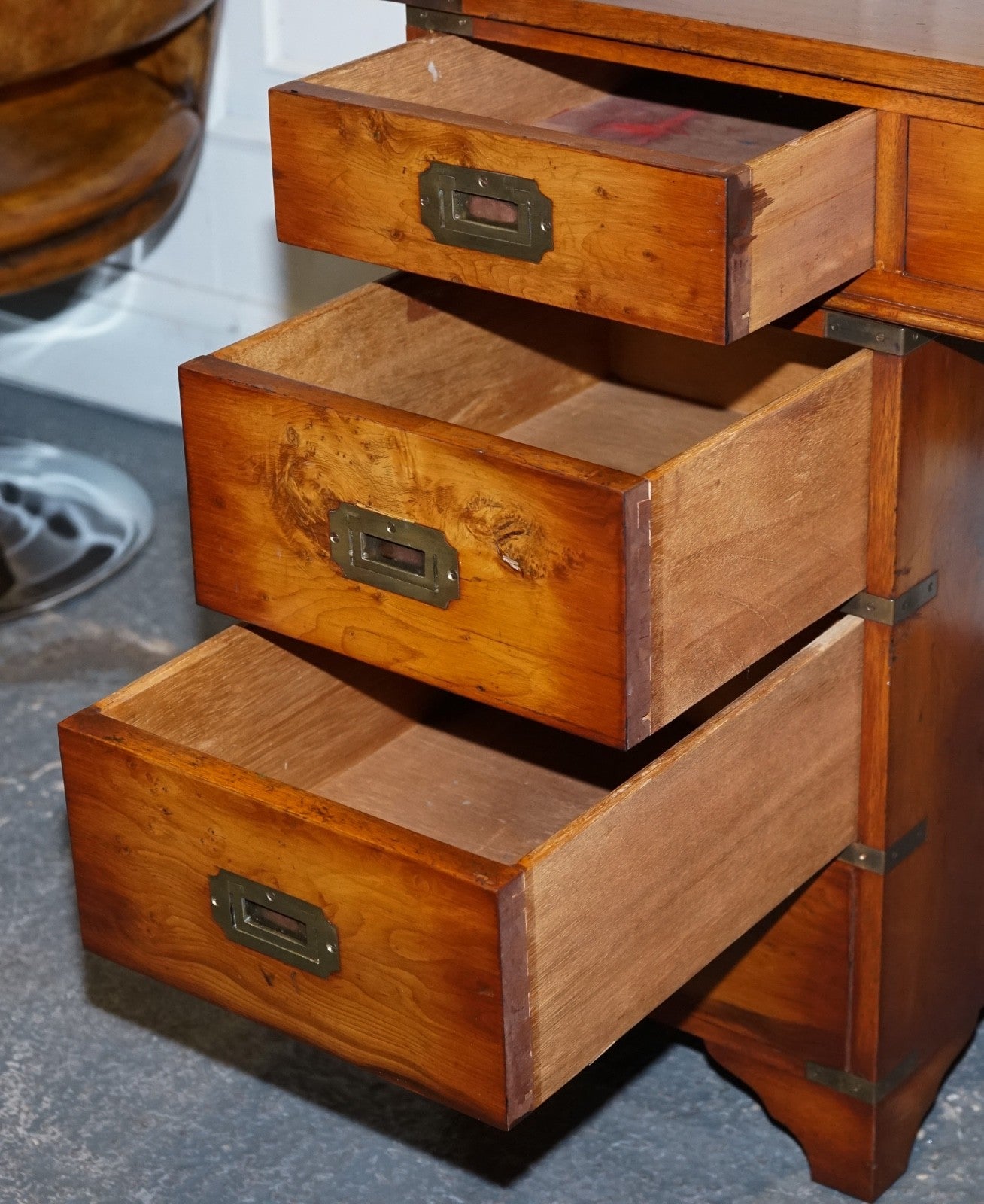 VINTAGE MILITARY CAMPAIGN YEW WOOD TWIN PEDESTAL DESK