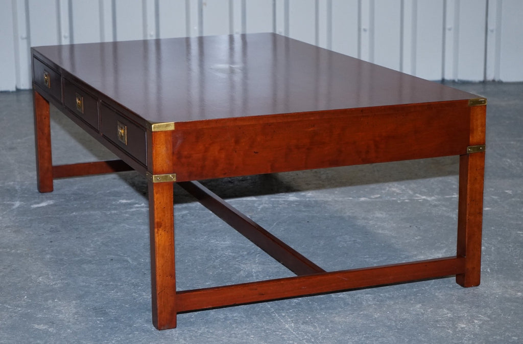 LARGE MILITARY CAMPAIGN REH KENNEDY HARRODS COFFEE TABLE WITH THREE DEEP DRAWERS