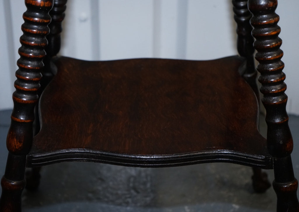 ANTIQUE VICTORIAN TIGER OAK SIDE TABLE TURNED BOBBIN LEGS WITH CAST IRON FEET