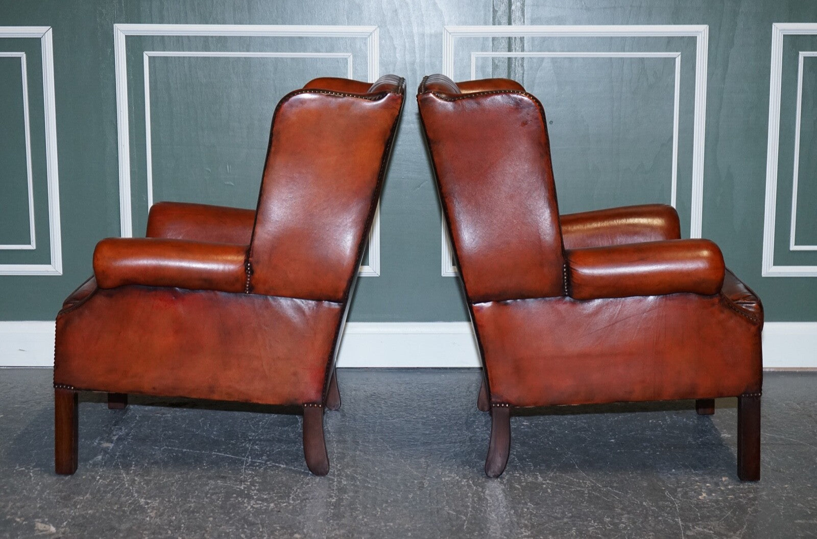STUNNING PAIR OF BURGUNDY BROWN LEATHER HAND DYED WINGBACK CHAIRS
