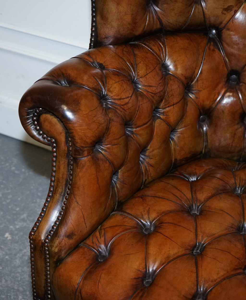 RESTORED CHESTERFIELD HAND DYED LEATHER PORTERS WINGBACK ARMCHAIR