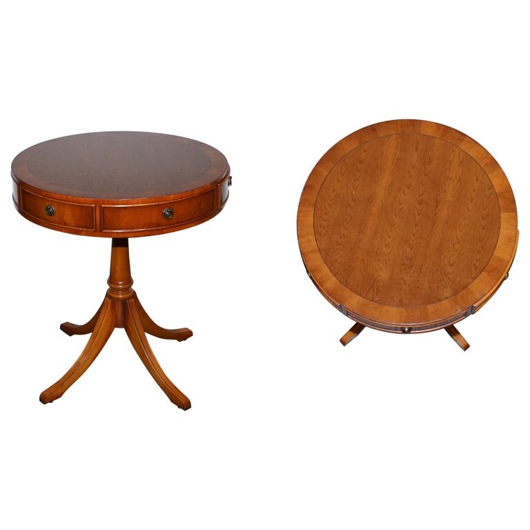 VINTAGE YEW WOOD CIRCULAR DRUM END SiDE LAMP TABLE
