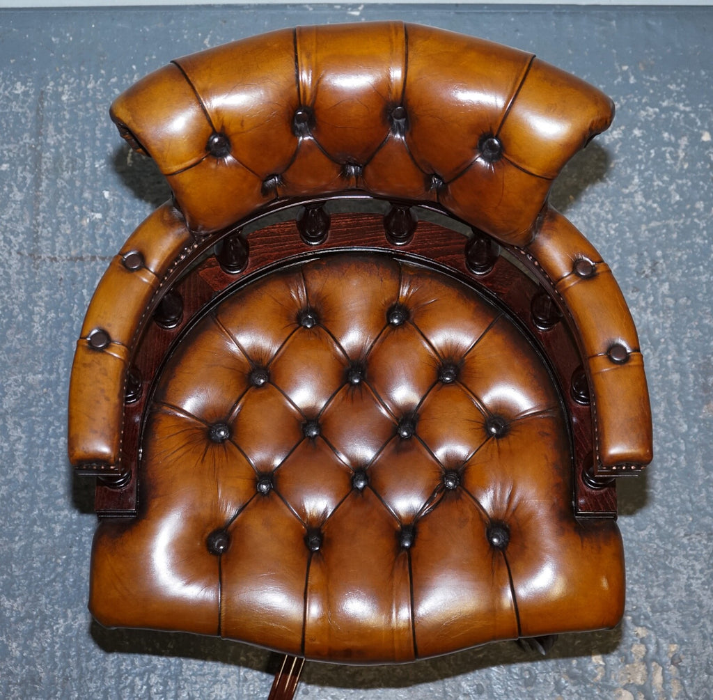 FULLY RESTORED CIGAR BROWN LEATHER CHESTERFIELD CAPTAINS OFFICE SWIVEL ARMCHAIR