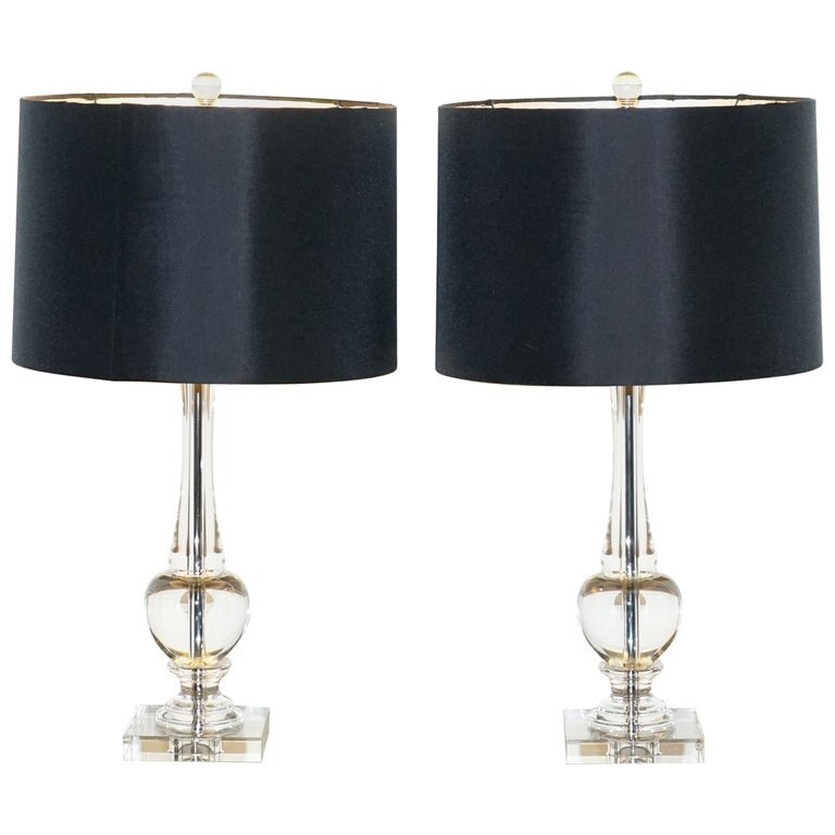 PAIR OF CLEAR GLASS TABLE LAMPS WITH BLACK SHADES