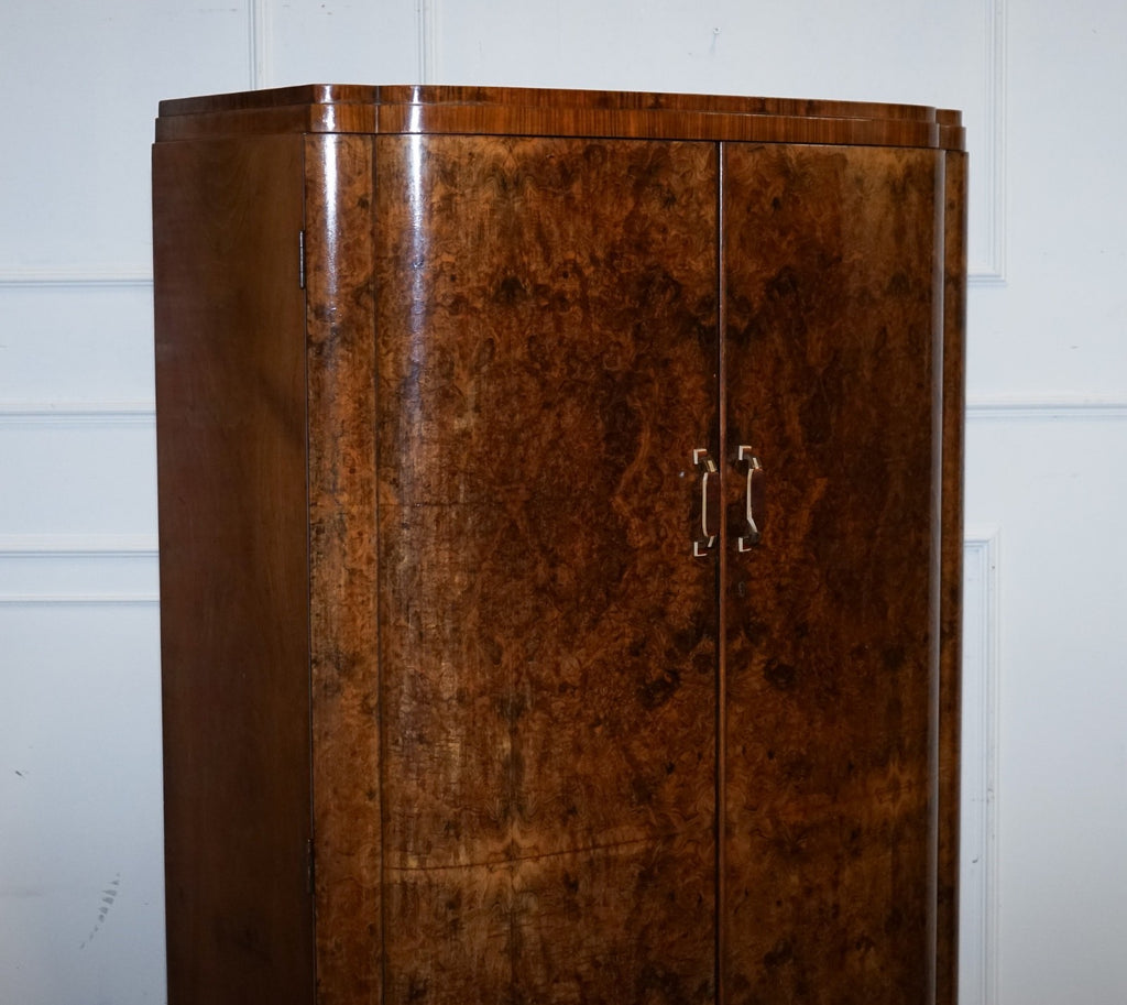 ANTIQUE CIRCA 1930'S ENGLISH BURR WALNUT ART DECO TWO DOOR WARDROBE WITH SHELVES