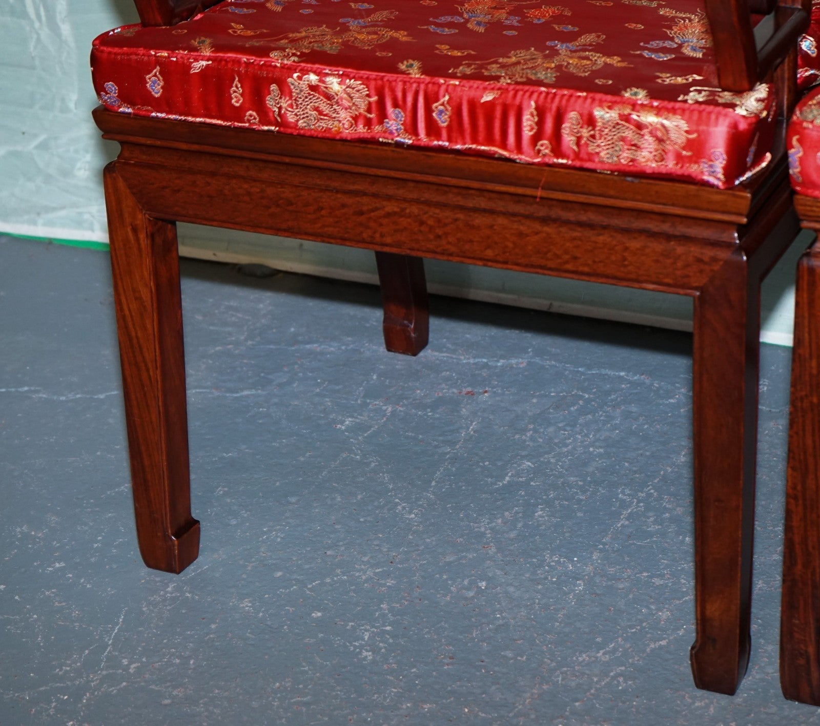 PAIR VINTAGE ORIENTAL CHINESE HARD WOOD CARVER ARMCHAIRS WITH CUSHIONS