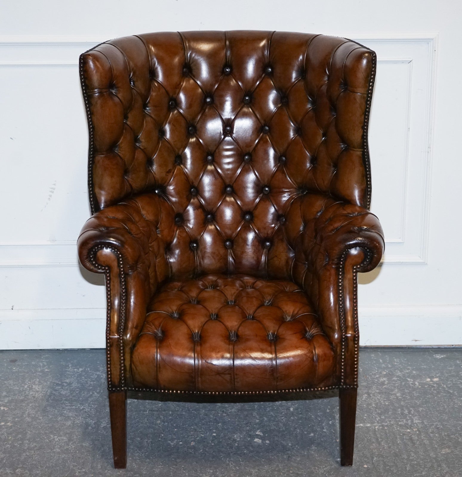 RESTORED CHESTERFIELD HAND DYED LEATHER PORTERS WINGBACK ARMCHAIR