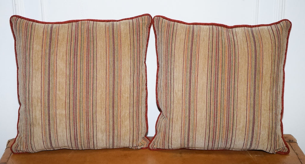 VINTAGE PAIR OF BEIGE STRIPPED & BURNT ORANGE FEATHER FILLED SCATTER CUSHIONS