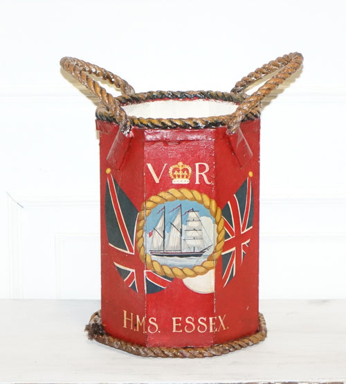 1876 NAVAL HAND PAINTED WOODEN POWDER CANON BIN H.M.S. ESSEX COAT OF ARMS