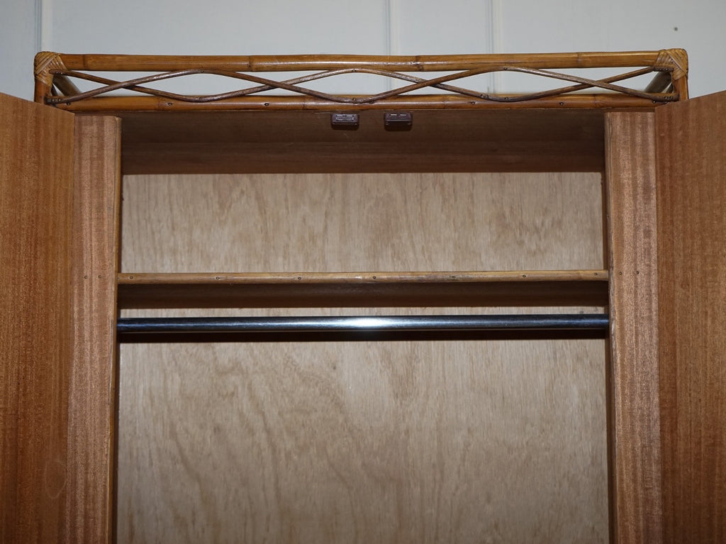 VINTAGE RATTAN AND CANE TWO DOOR AMOIRE OR WARDROBE WITH ONE DRAWER