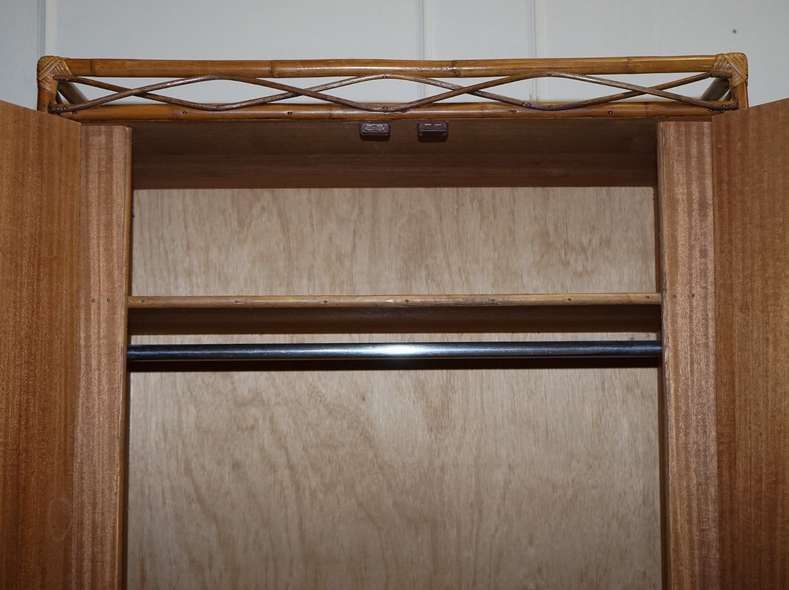 VINTAGE RATTAN AND CANE TWO DOOR AMOIRE OR WARDROBE WITH ONE DRAWER