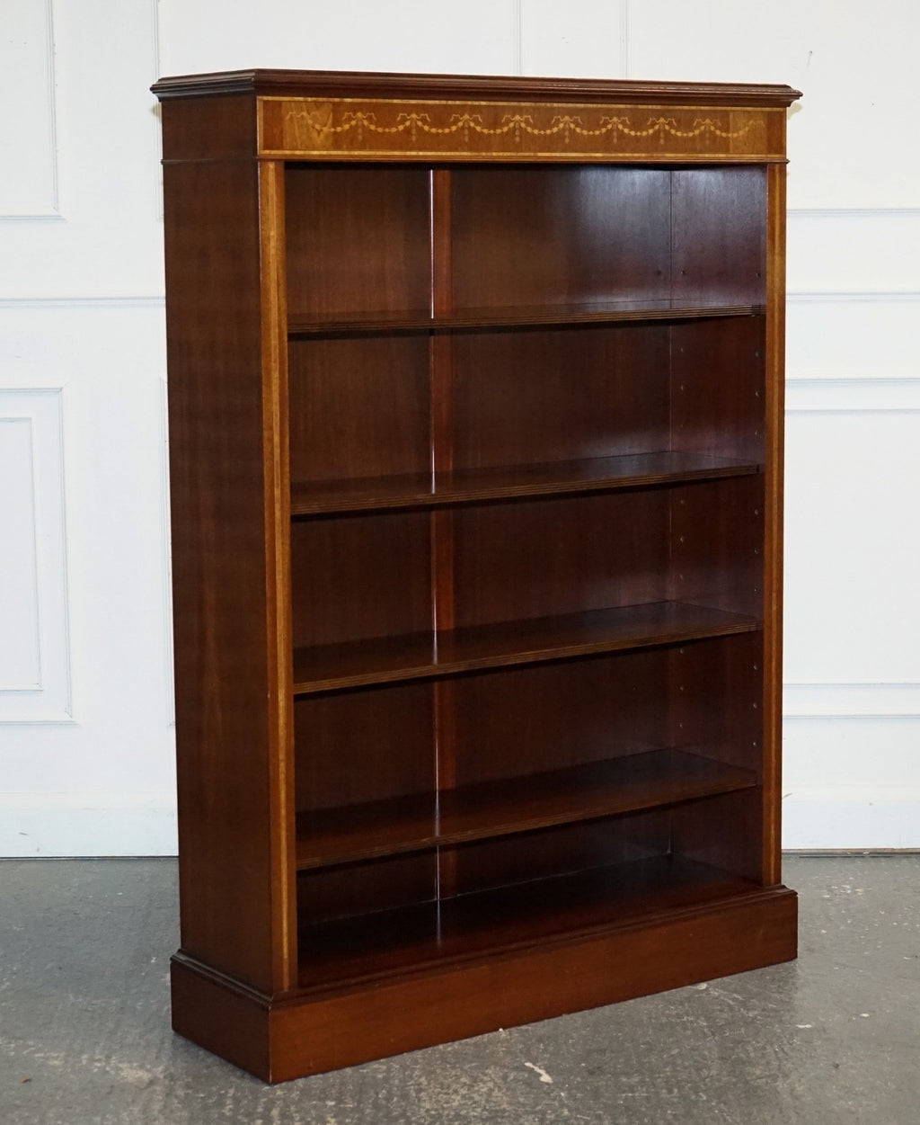 LARGE VINTAGE EDWARDIAN STYLE INLAID SHERATON OPEN BOOKCASE ADJUSTABLE SHELVES