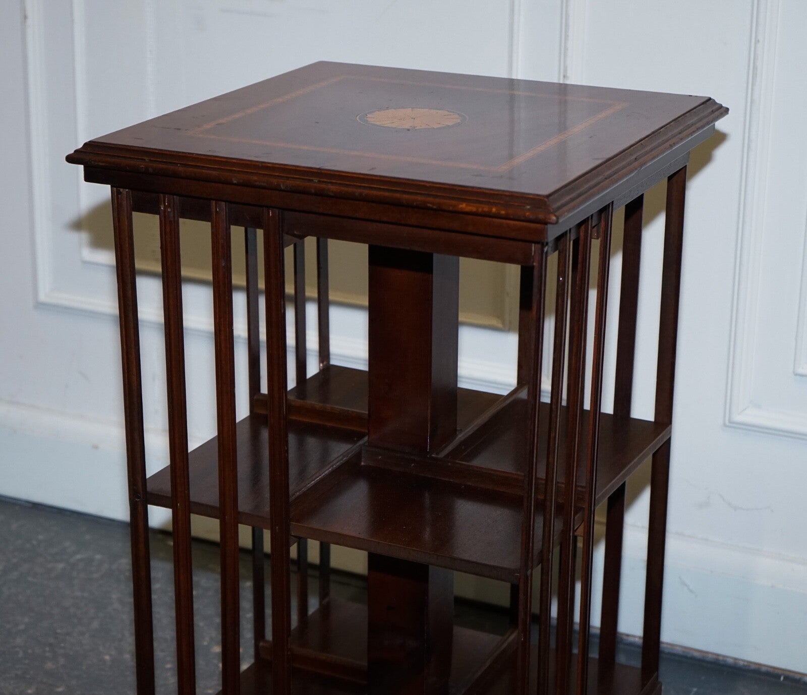 MID CENTRY SHERATON REVIVAL INLAID REVOLVING BOOKCASE END TABLE ON CASTORS