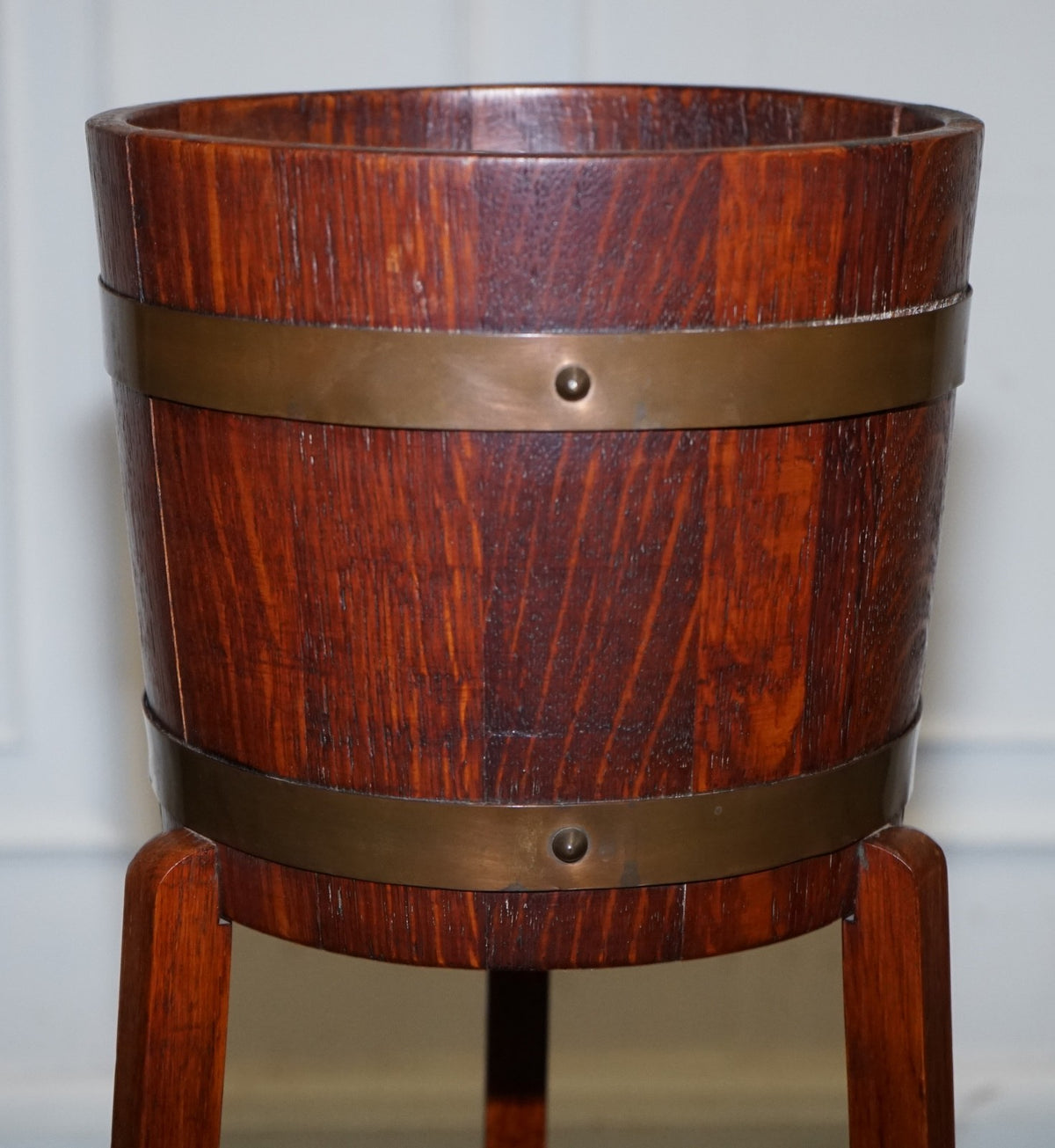 ANTIQUE EDWARDIAN OAK PLANT OR CHAMPAGNE STAND BY R.A. LISTER & CO ENGLAND