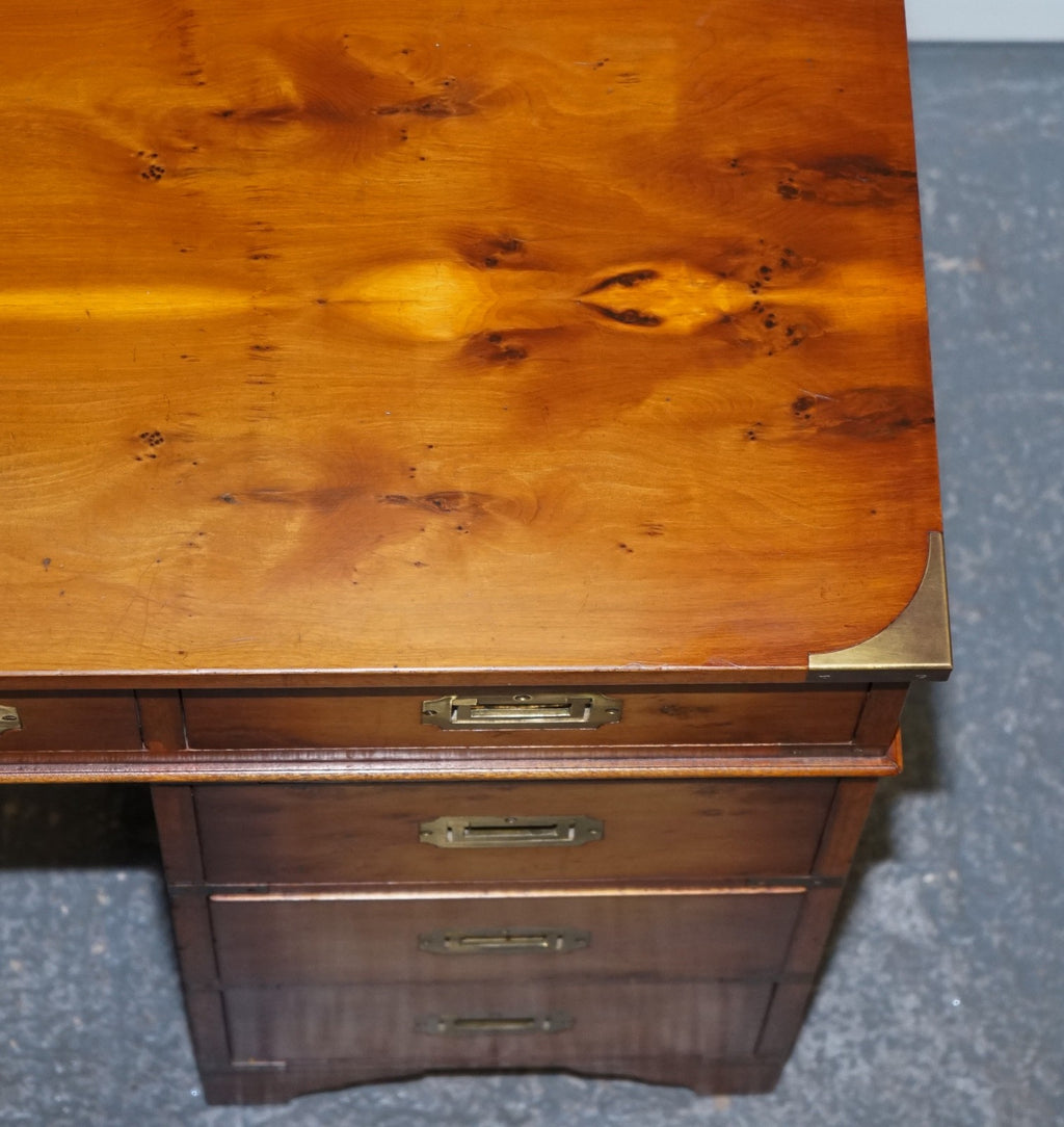 VINTAGE MILITARY CAMPAIGN YEW WOOD TWIN PEDESTAL DESK