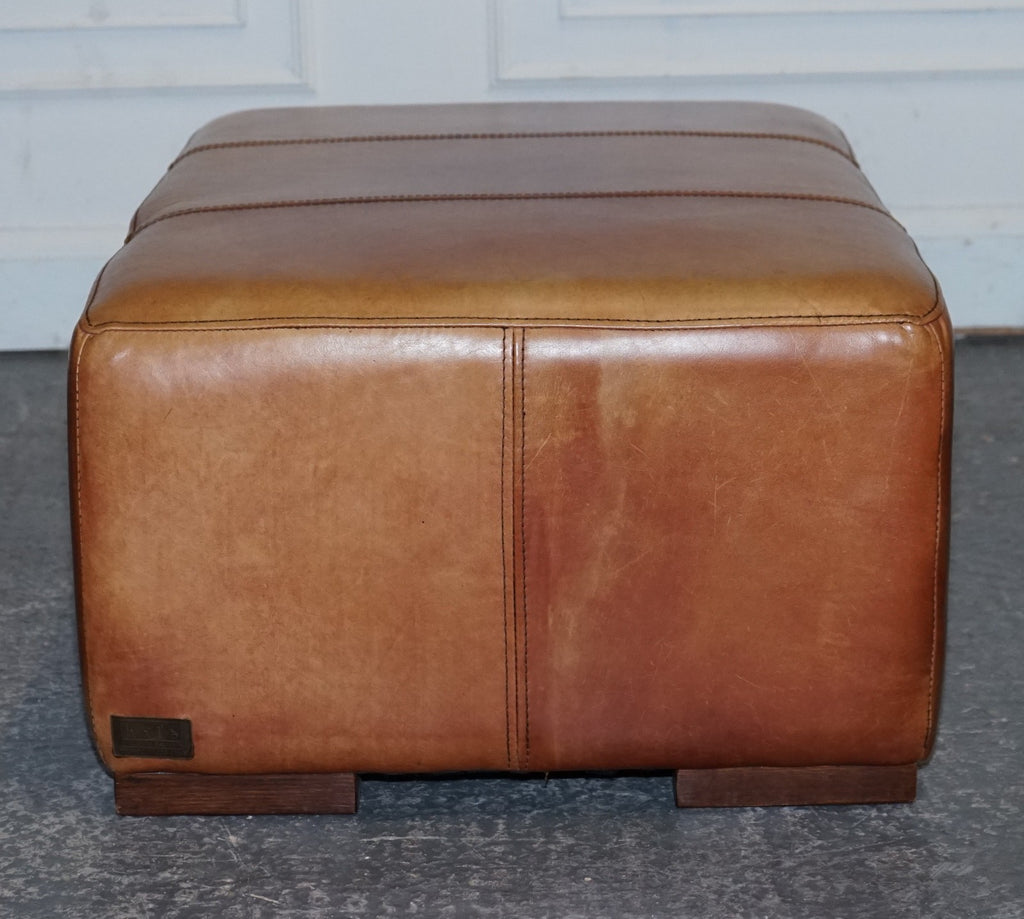 VINTAGE LARGE TAN LEATHER FOOTSTOOL OTTOMAN MADE BY HALO