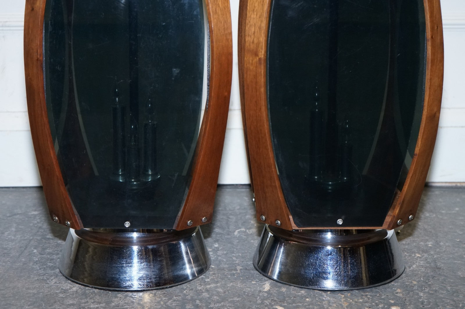 PAIR OF LARGE MODERN DANISH ACRYLIC & TEAK MID CENTURY LAMPS