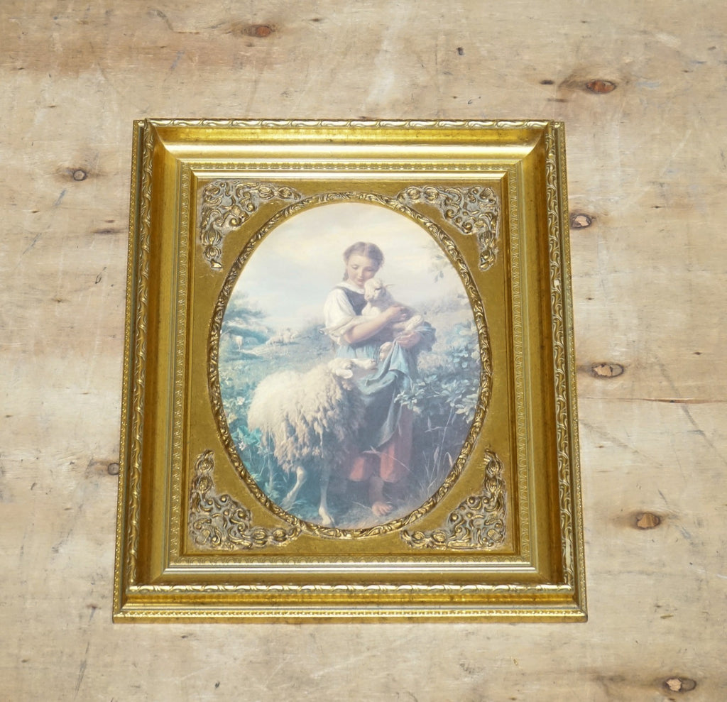 VINTAGE VICTORIAN STYLE PRINT YOUNG SHEPHERDESS GITLED FRAME 53 X 42 CM
