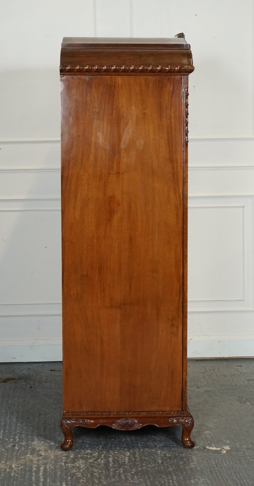 VICTORIAN QUEEN ANNE BURR WALNUT HEAVILY CARVED TRIPLE DOOR WARDROBE